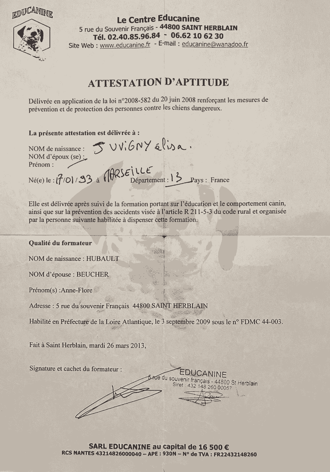 Attestation d'aptitude chiens de catégories 1 et 2
